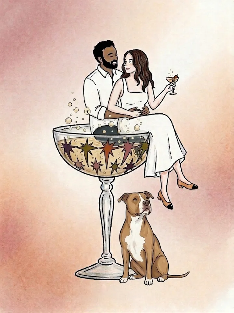 Illustration of Brianna and Ivan sitting together in a large champagne coupe glass, with Penny seated at the base.